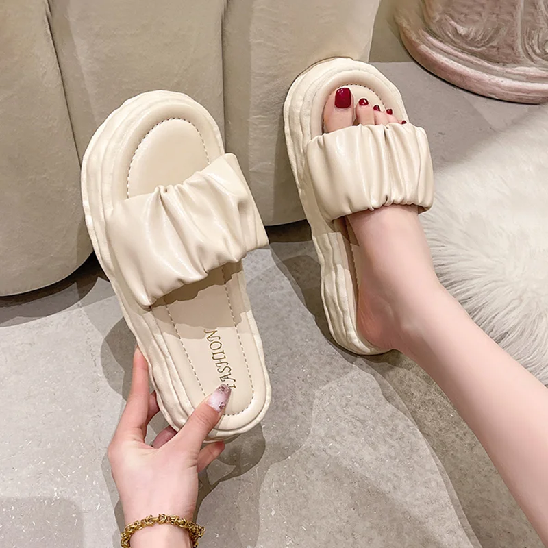 

Сланцы женские на платформе, пляжная обувь средней высоты, люксовые тапки из искусственной кожи, резина, средний каблук, модные тапочки, 2022