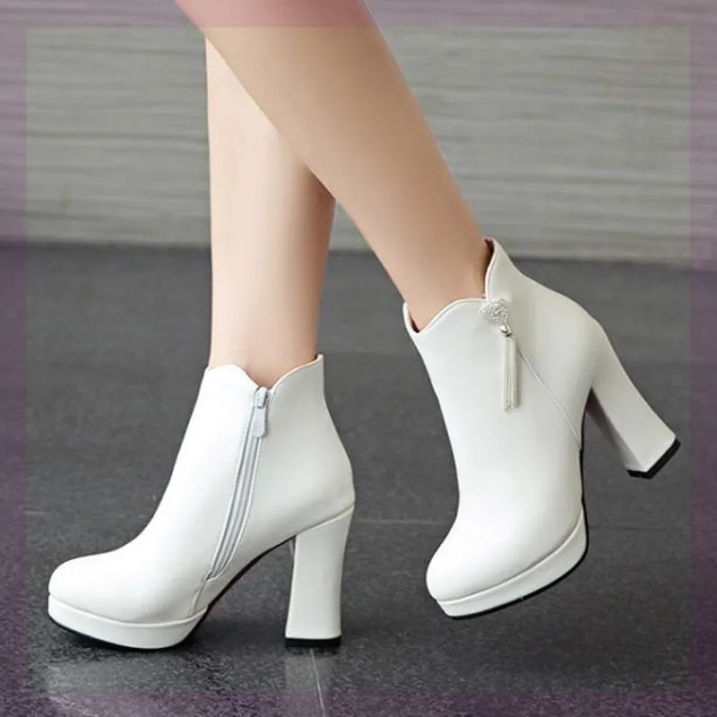 

Lady Boots Women Shoes Autumn Boots-Women Zipper Winter Footwear Round Toe High Heel Rubber 2022 Ankle Basic Solid Rome Flock Sh