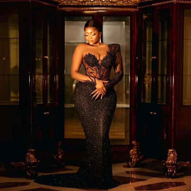 

Beaded Sequin Lace Celebrity Evening Dresses Sexy Illusion Bodice Long Sleeve Prom Dress Plus Size African Party Dresses Custom