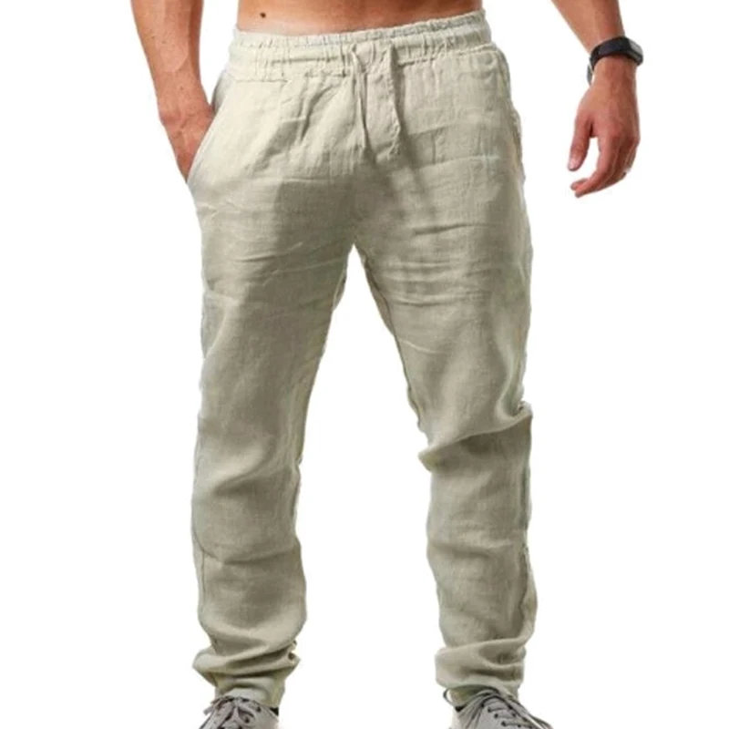

Cotton Linen Pants for Men Summer Solid Thin Casual Sports Pants Elastic Waist Men's Clothing Straight Pants Male