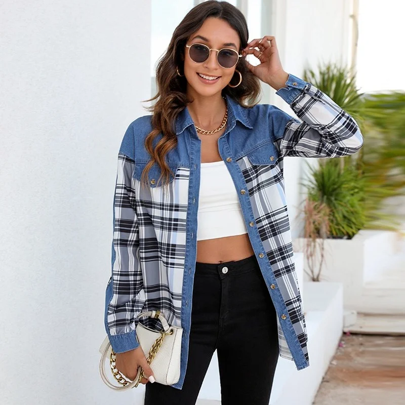 

Mandylandy Women Elegant Plaid Patchwork Shirt Top Fashion Casual Fashion Long Sleeve Turn Down Collar Single Breasted T-shirt