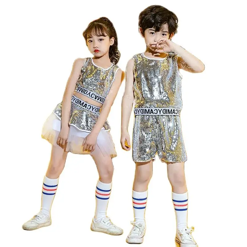 

Children Modern Jazz Dance Clothing Set For Girls Boys Sequin Dance Cheerleader Dress Kids Competition Hip Hop Dance Costumes