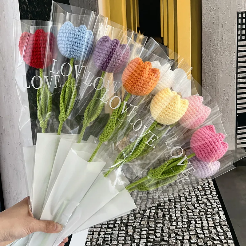 

Hand-woven Knitting Flower Rose Carnation Tulip Bouquet Wedding Decoration Home Table Decoration Creative Artificial Flower Gift