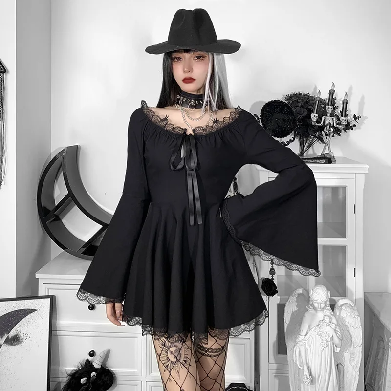

Fashion Hot Sale Women Lace Stitched Flare Sleeve Bandage Dress Gothic Dress High Waist Solid Elegant Dress Women Black Dress