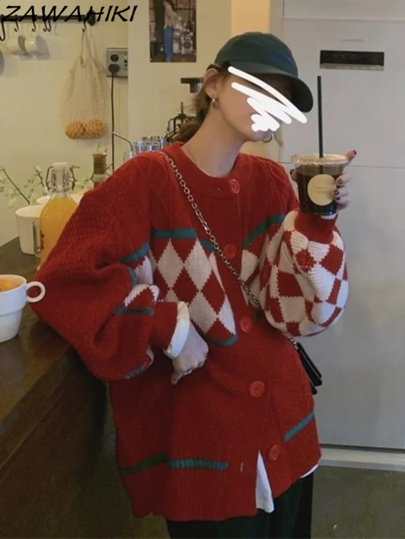 

Женский винтажный Рождественский кардиган в клетку, свободный трикотажный свитшот с длинным рукавом, на пуговицах, теплый свитшот в стиле о...