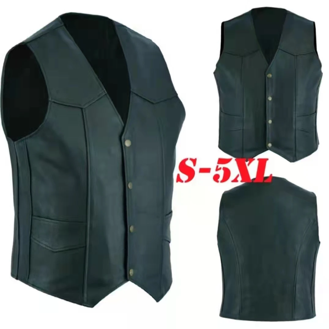 Мужской Байкерский кожаный жилет с боковыми кружевами и карманами |