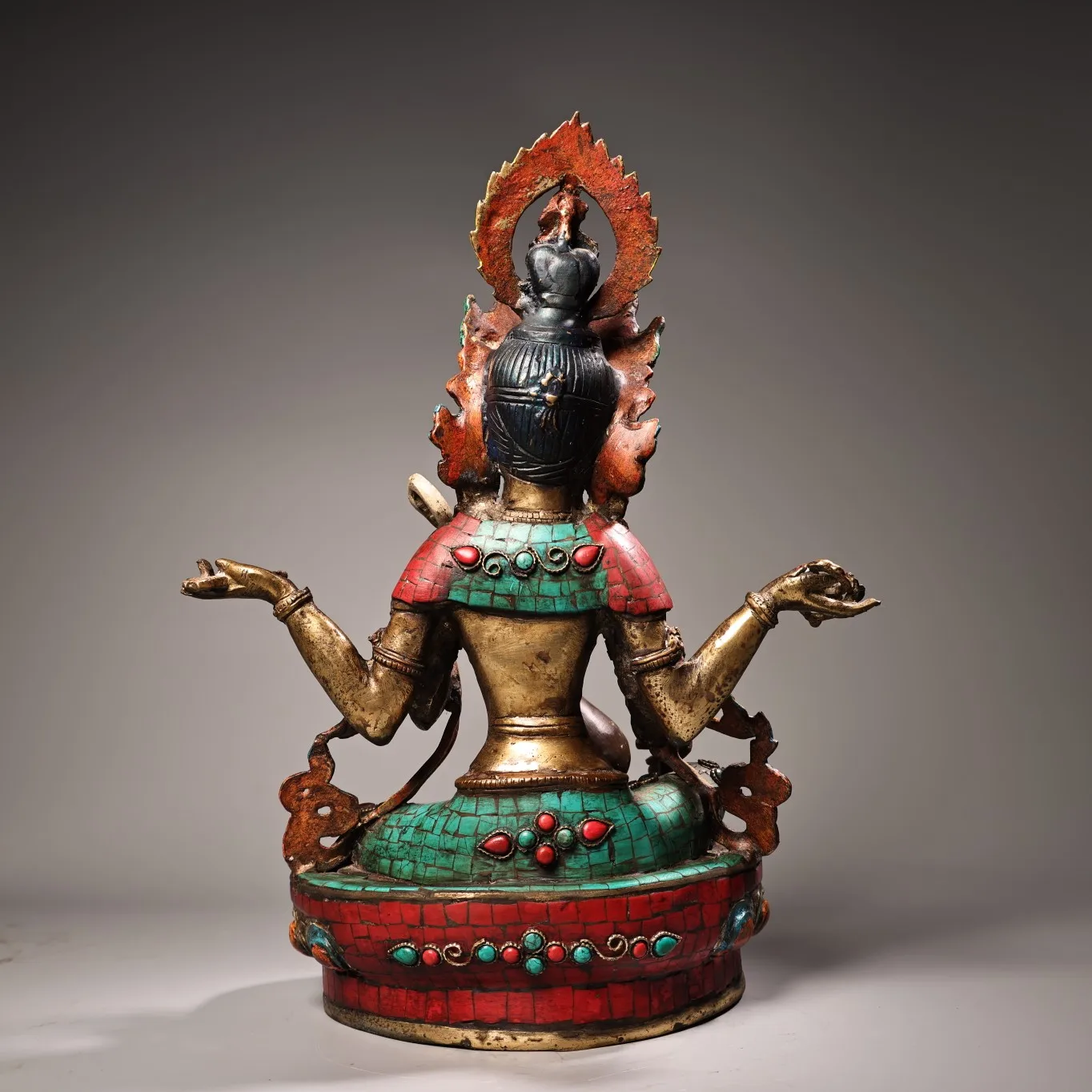 14&quotTibetan Temple Collection Old Bronze Outline in gold Mosaic Gem Four armed Sarasvati Sitting Buddha Worship Hall