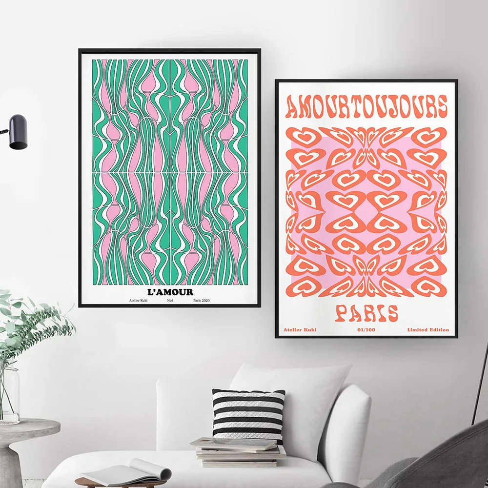 

Mid Century Modern Poster Pink Green Abstract Love Heart Wall Art Canvas Painting Picture Print Living Room Interior Home Decor