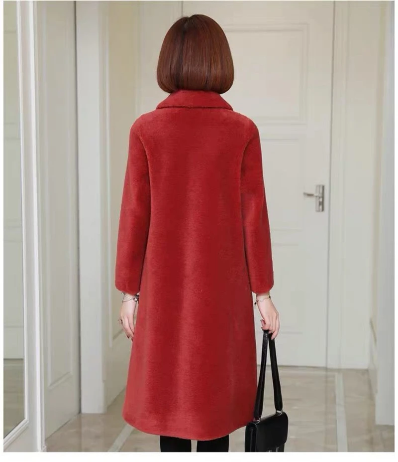 Winter Loose Mid Long Sheep Shearing Jackets Female Clothing New Solid Real Fur Coat Women Wool Outwears Parkas Ladies Tops Red