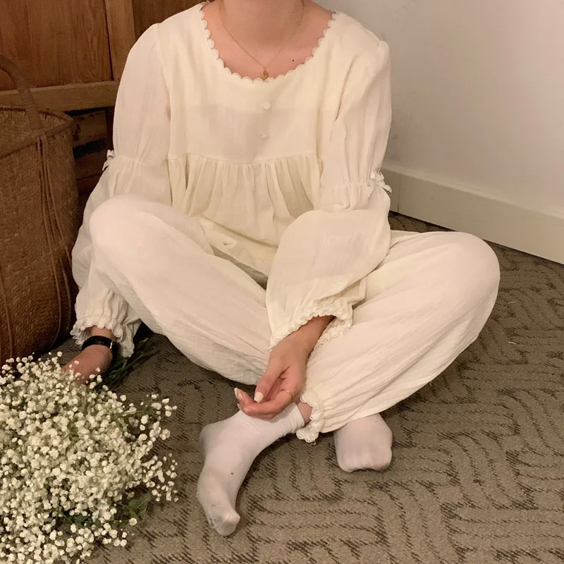 Cotton Autumn Pajamas Set Women O-Neck Bow Long Sleeve Shirts + Trousers Vintage Casual Sleepwear Two Piece Home Suit