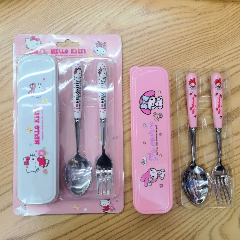 

Cute Hello Kitty Kuromi My Melody Fork Spoon Set Cute Cartoon Cinnamoroll Student Portable Children's Tableware Easy To Clean