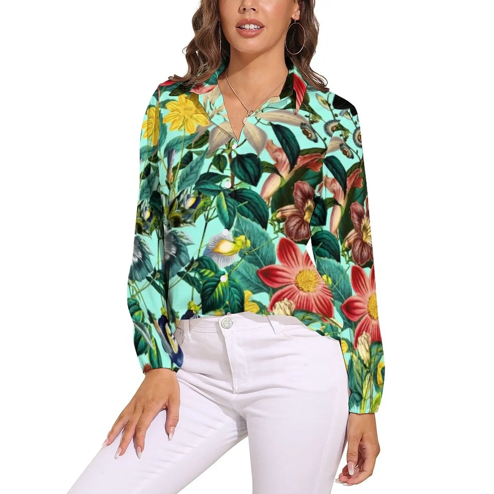 

Colorful Tropical Floral Blouse Botanical Garden Retro Print Blouses Female Long Sleeve Classic Shirt Summer Oversized Top