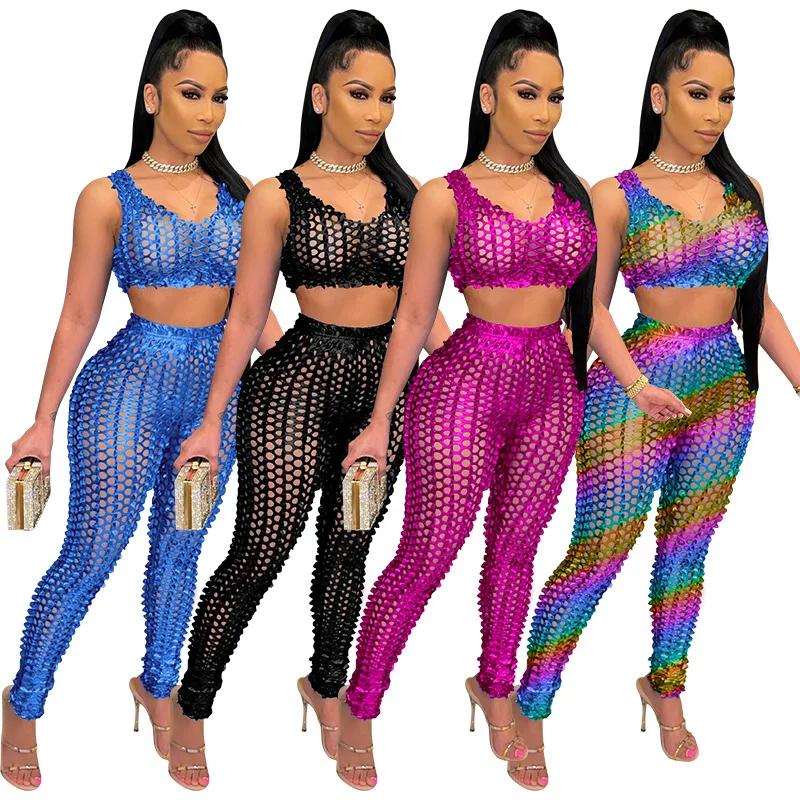 

Summer Sexy Women Sets Two Pieces Set Crop Top Pants 2 Pieces Set Hollow Out Beach Set Outfits for Women
