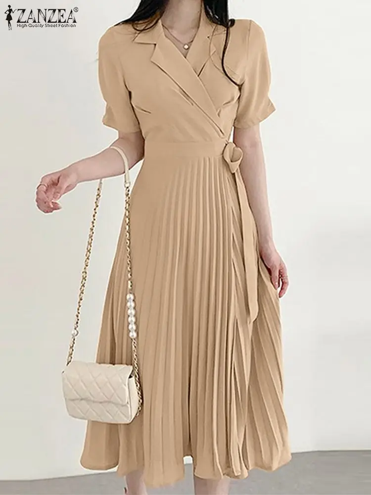 

ZANZEA Female Fashion Party Dress Summer Short Sleeve Lapel Vestidos Casual A Line Pleated Dresses Woman Lace-Up Robe