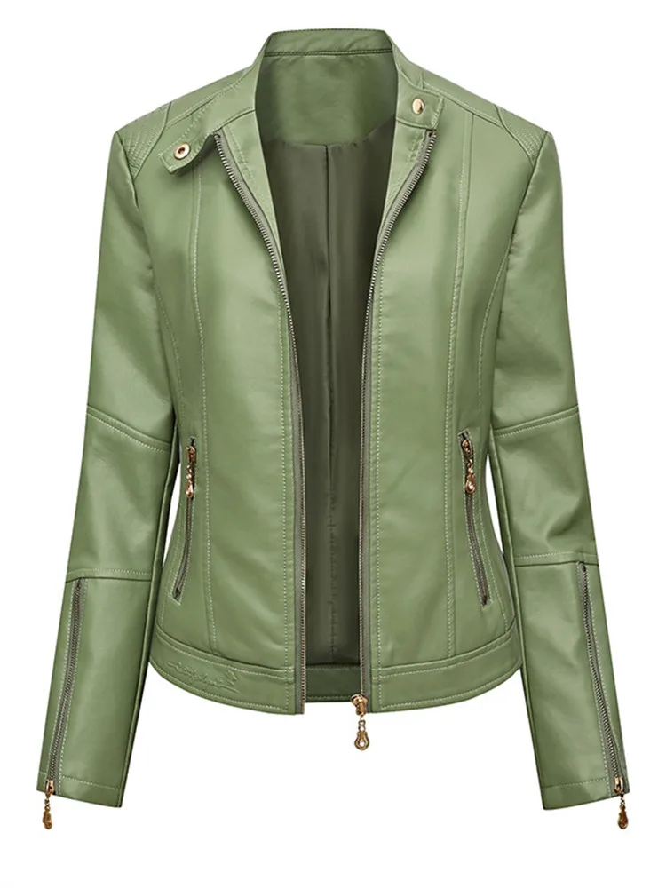 New Slim Leather Jacket Women Fashion Stand Collar Zipper Outer Wear Tops Solid Color PU Leather Jacket Green JD2281