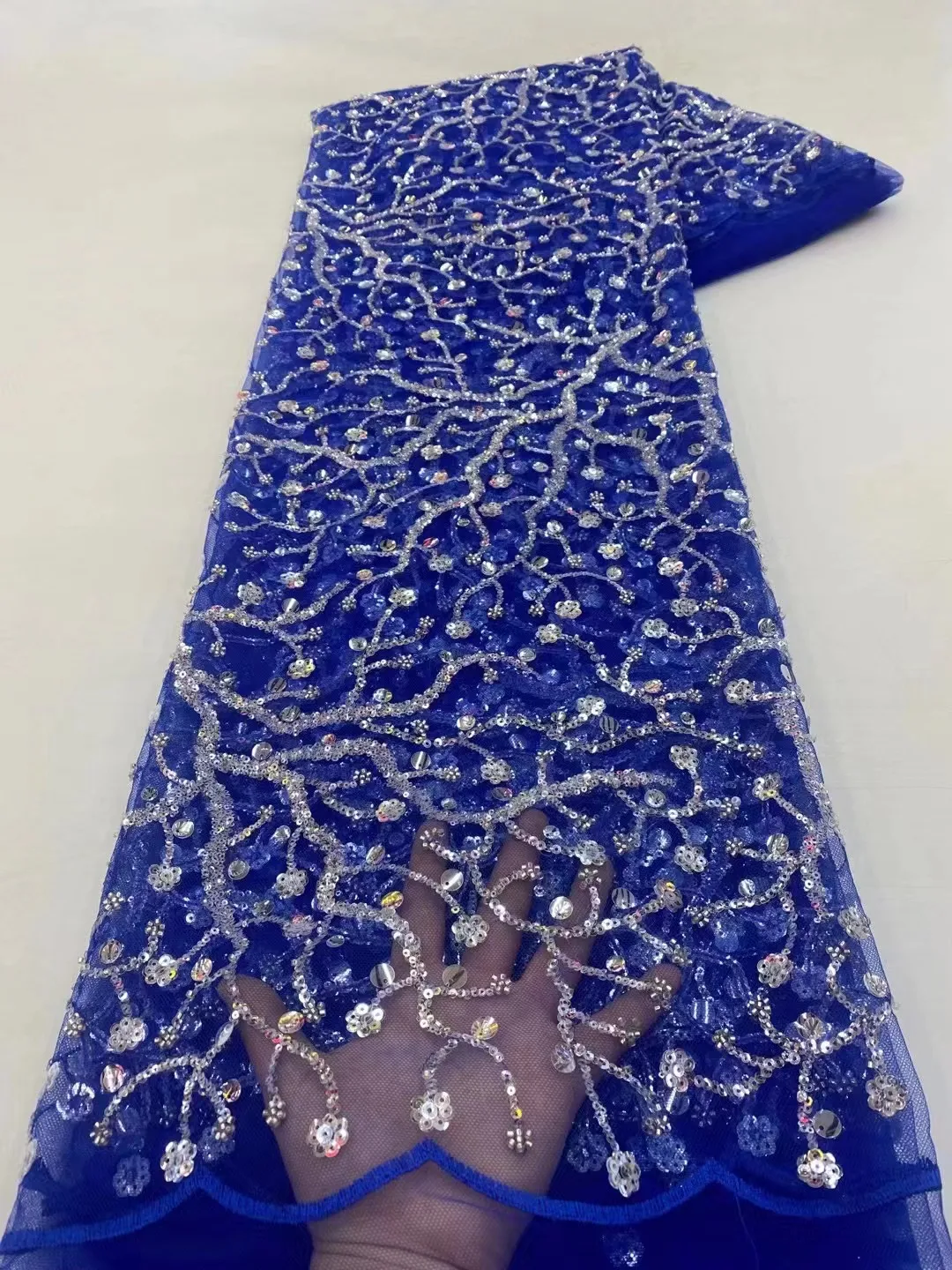 

Royal blue African Sequins Lace Fabric Handmade Lace Fabric 2023 Embroidery French Lace Fabrics For Nigeria Wedding Evening Sew