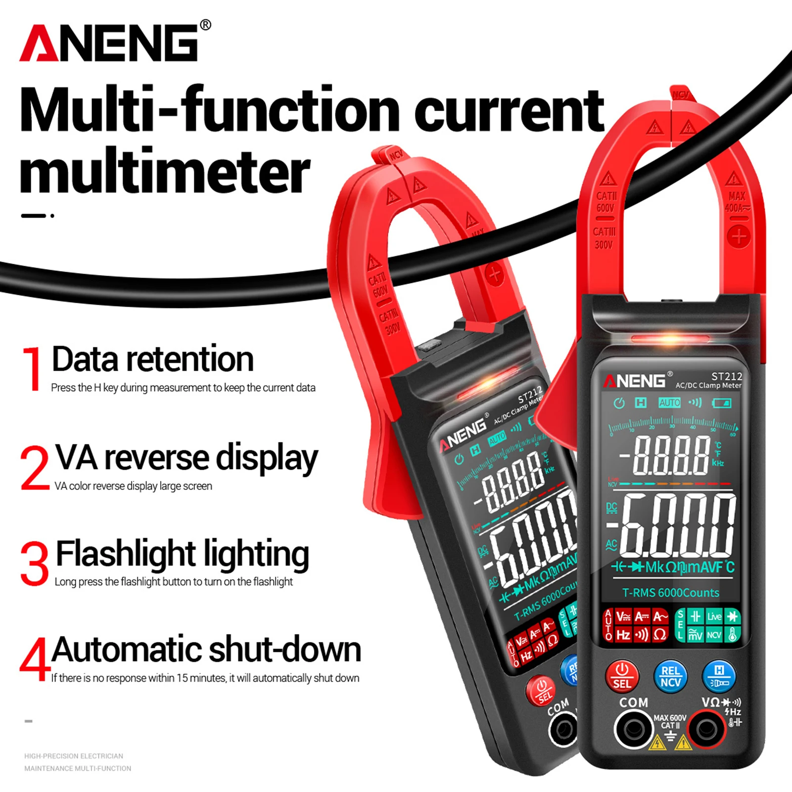 

ANENG ST212 Clamp Meter Intelligent Digital Clamp Multimeter 6000 Counts Smart AC & DC Voltmeter 400A Ammeter VA Colored Display