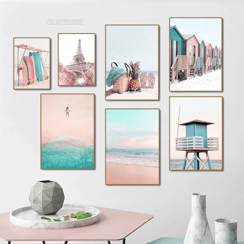 

Landscape Painting Pink Landscape Beach Poster Home Wall Art Decoration Canvas Painting for Living Room Bedroom Entrance