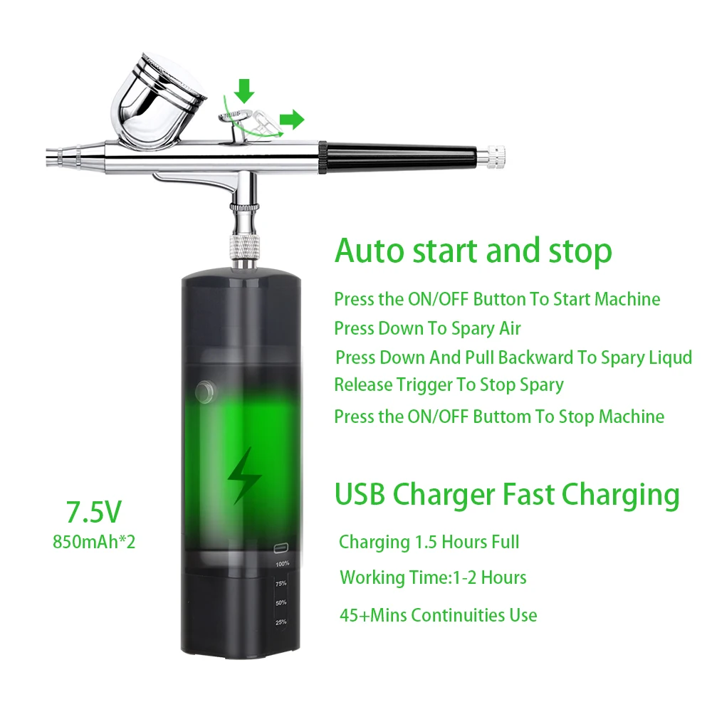 Przenośny bezprzewodowy aerograf z zestawem sprężarki Mini wysokociśnieniowy wymień baterię makijaż zdobienie paznokci tatuaż farba pistolet