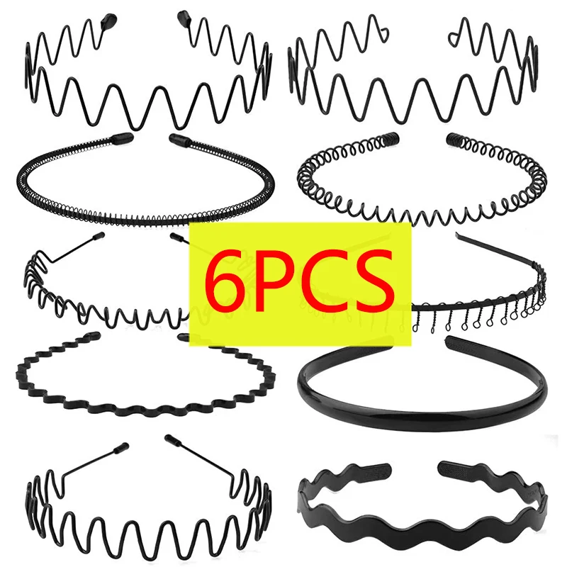 6PCS Fashion Black Metal Waved Style Sports Hairband Solid Color for Men Women Unisex Hair Band Casual Adult Headwear for Boy
