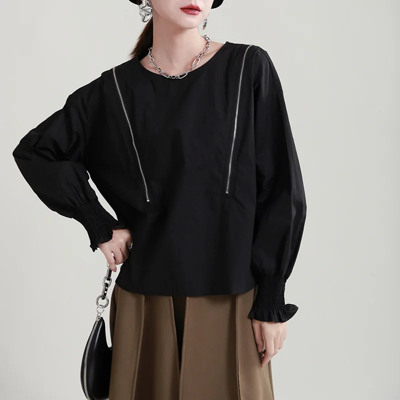 

Spring Fall Long Sleeve O-neck Zipper Spliced Loose Black Pullover Shirt Women Streetwear Hip Hop Gothic Casual Tops Blouse 2402