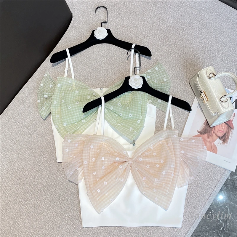 

2022 Summer Sweet Bow Camisole for Woman New White Plaid Mesh Bowed Sexy Sling Crop Top Girls Ladies Outwear Fit