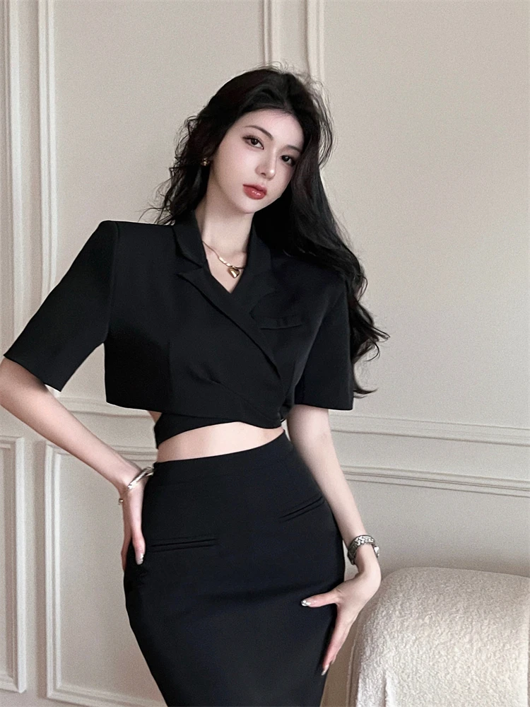 

Vintage Blazer Suits for Women Two Piece Set Lace-up Short Jacket Crop Top + Slit Skirt Elegant Ensemble Femme 2 Pieces Outfits
