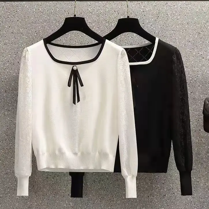 

2022 Women Spring Autumn Fashion Bow Square Collar Knitwear Female Long Sleeve Pullover Tops Ladies Solid Sweater Tops R287