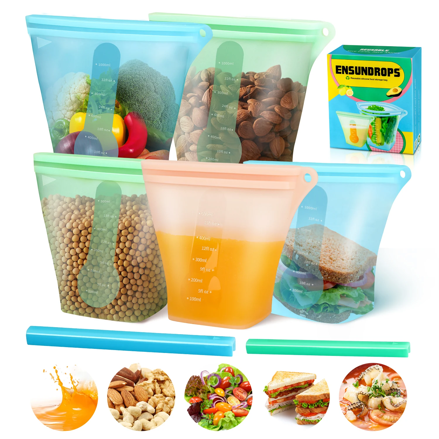 

5 Pc Reusable Silicone Food Storage Saran Bags Stand Up Leakproof Zip Containers Sandwich Bag BPA Free Easy to Clean