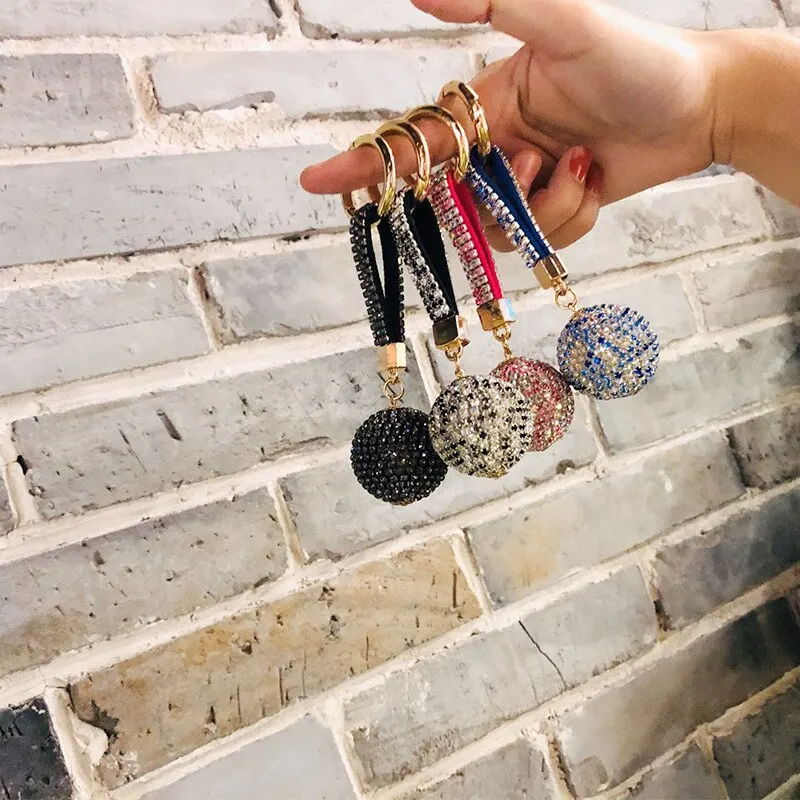 

1 PCS Alloy Rhinestone High Quality Leather Strap Crystal Ball Car Keychain Charm Pendant Car Accessories Key Ring For Women