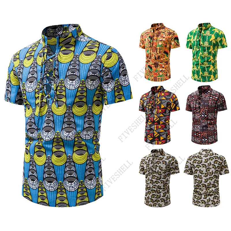 2023 Fashion Lace Up Cotton Linen Shirt Men Short Sleeve Hawaiian Floral Shirt Men Summer Holiday Vacation Chemise Homme