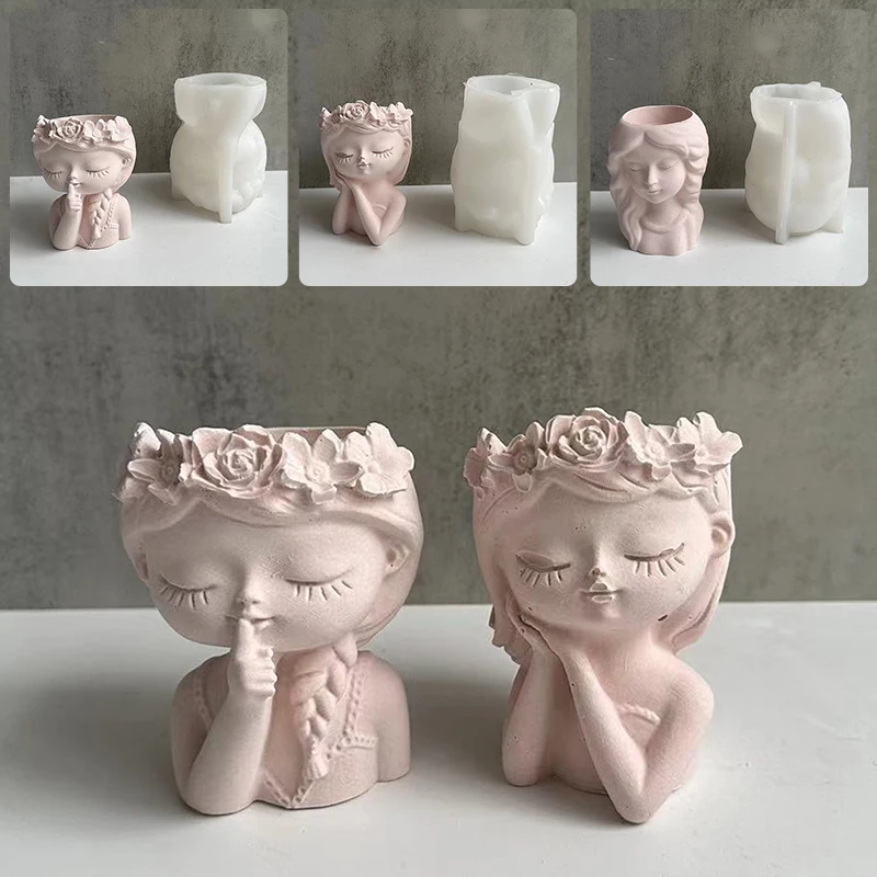 

1PC Thin Girl Flower Pot Mold Silicone Mold For Candlestick Flowerpot Plaster Dropping Mould Long Hair Beautiful Girl Creative