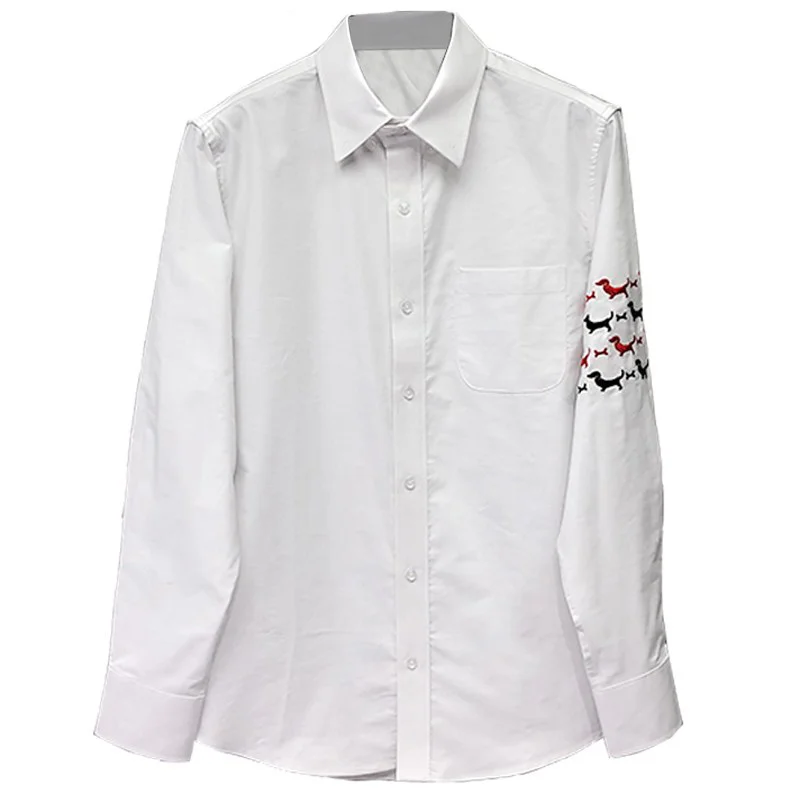 TB THOM Shirt Spring Fashion Design Puppy Embroidery Stripes Kawaii Blouses High Quality Cotton Oxford Men's Dress Causal Shirts