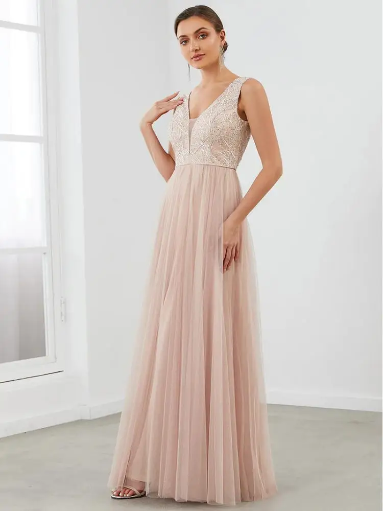 

Elegant Evening Dresses Long A Line Deep V Neck Sleeveless Backless Floor-length Gown 2022 Ever Pretty of Lace Prom Women Dress