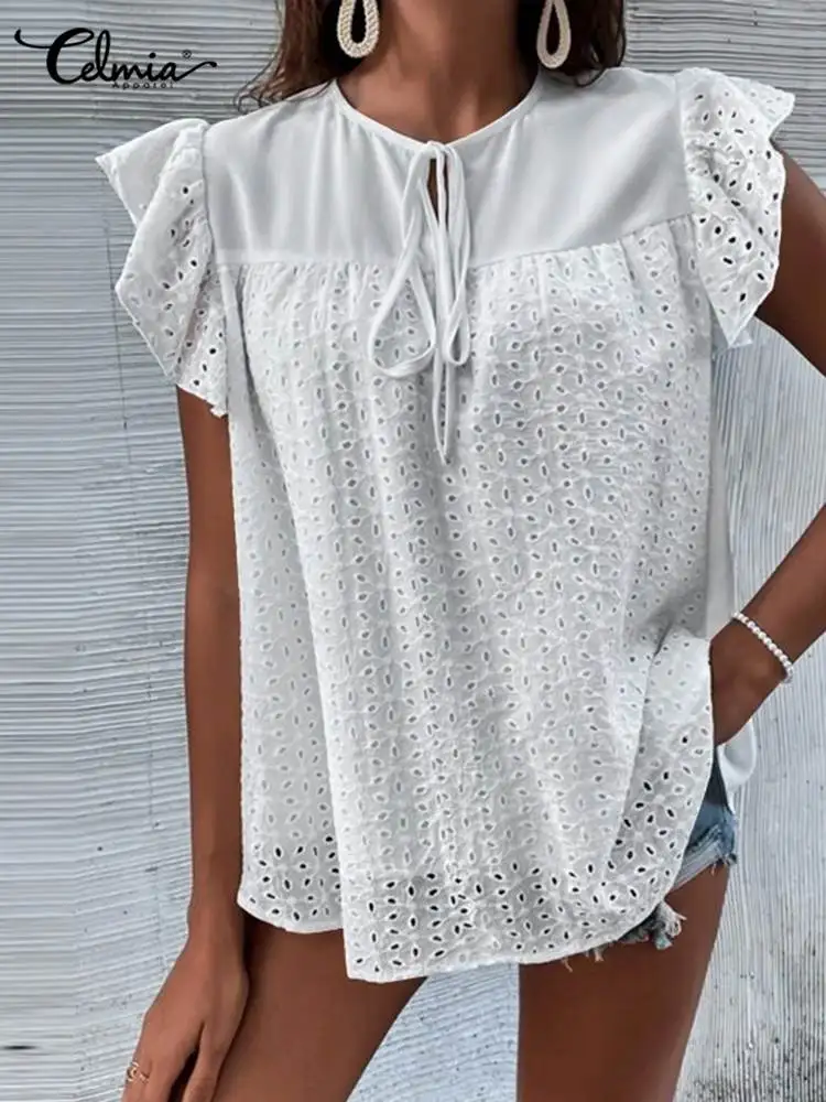 

Сшитая Блузка с оборками Celmia, ажурная блузка без рукавов с круглым вырезом, элегантные Туники на шнуровке, модные кружевные топы, летняя руб...