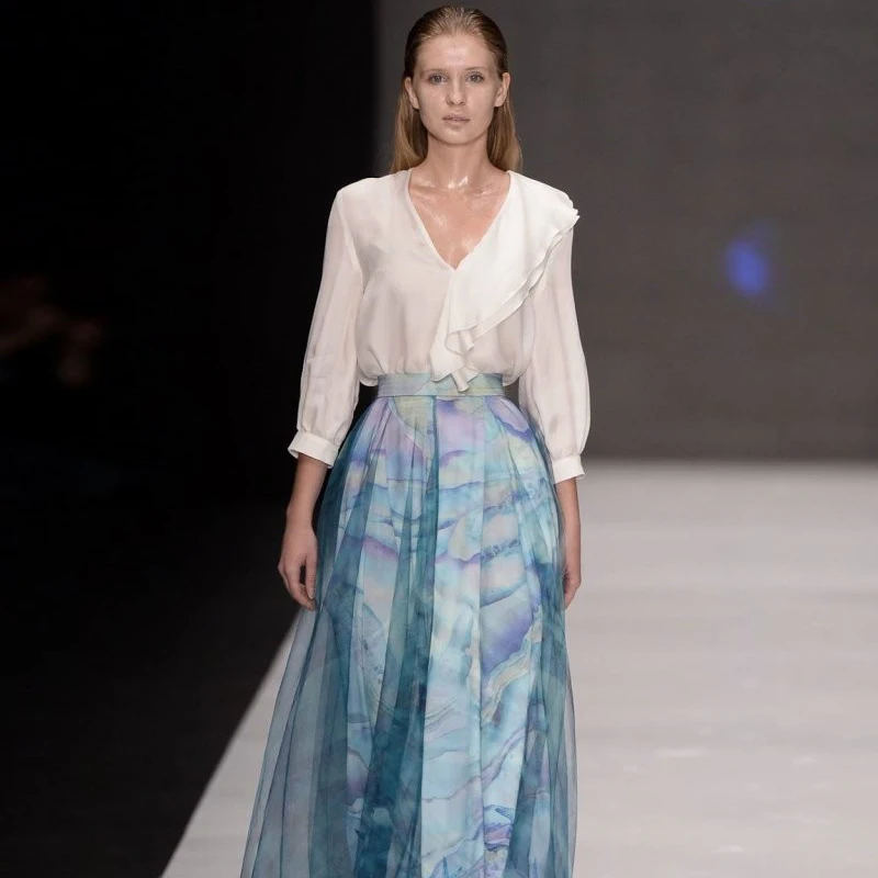

Runway Spring Summer New Designer White Shirt Tops Blue Print Skirt Elegant Vintage High Quality Fashion Casual Women's Sets