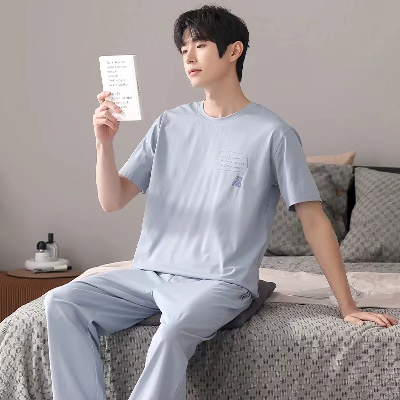 Yasuk 2022 Spring Fashion Women's Casual Lovely Soft Cotton Sleepwear Homewear Couple Pajamas Set With Pants Solid Print