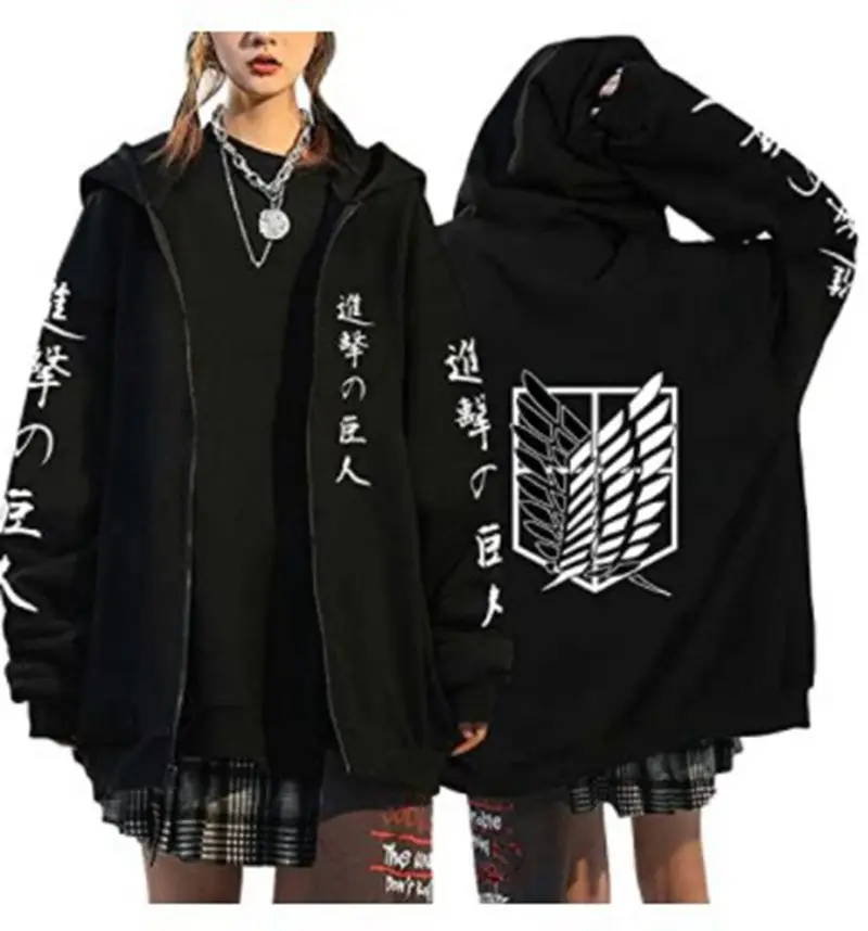 

Harajuku Y2K Women's Hoodie Sweatshirt Attack on Giant Print Hoodie Jacket Plus Size Loose Casual Black Unisex Hoodie Jacket