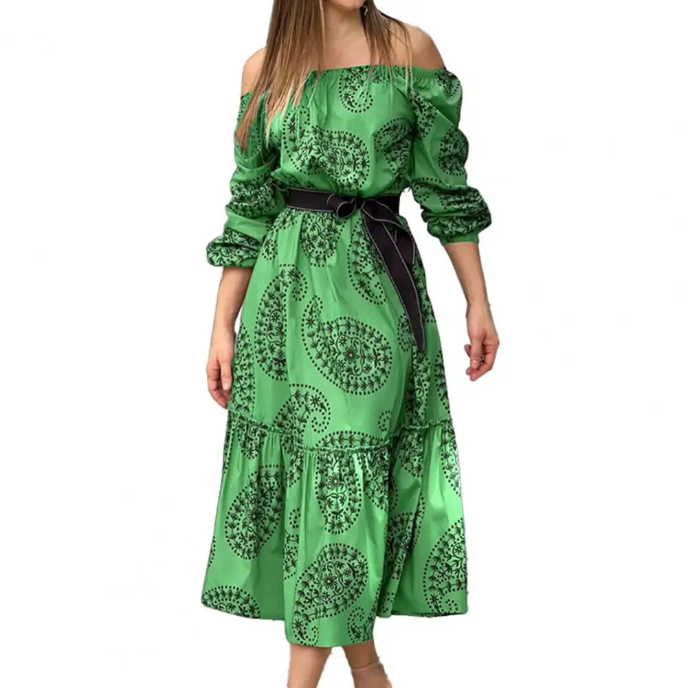 

Summer Vintage Women Off The Shoulder Long Sleeve Belted Dress Robe Femme Elegant Ladies Casual Printed Midi Dresses Vestidos