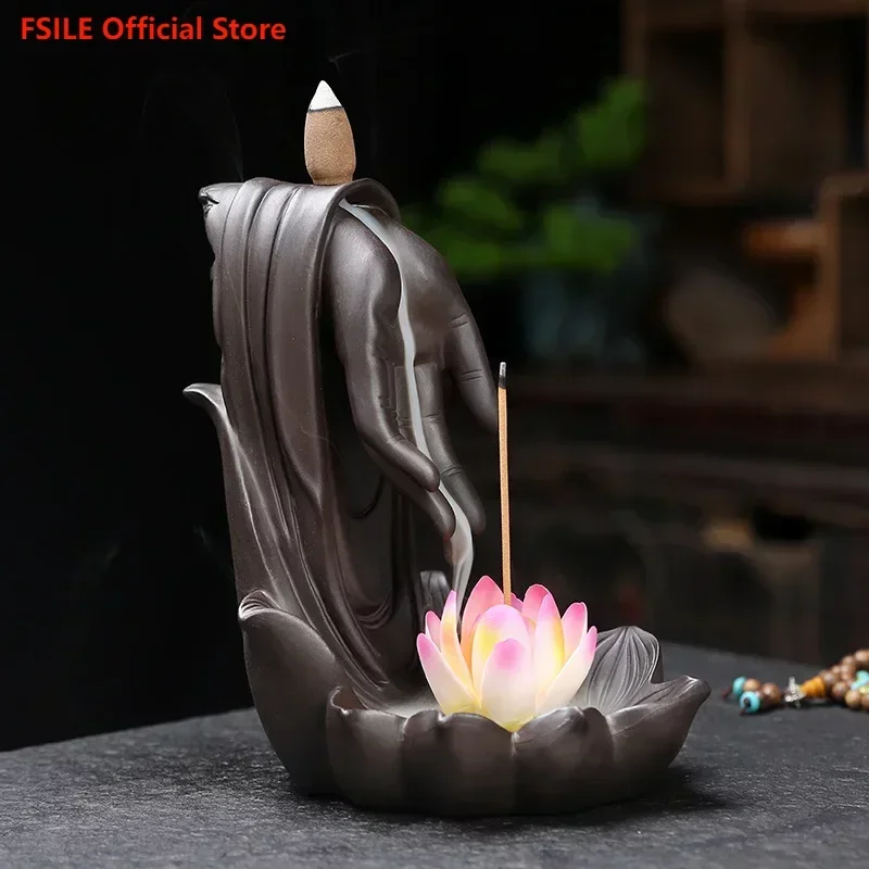 

FSILE Ceramic Backflow Incense Stove Zen Buddha Hand Home Decoration Agaric Aroma Incense Stove Incense Insert Plate Decoration