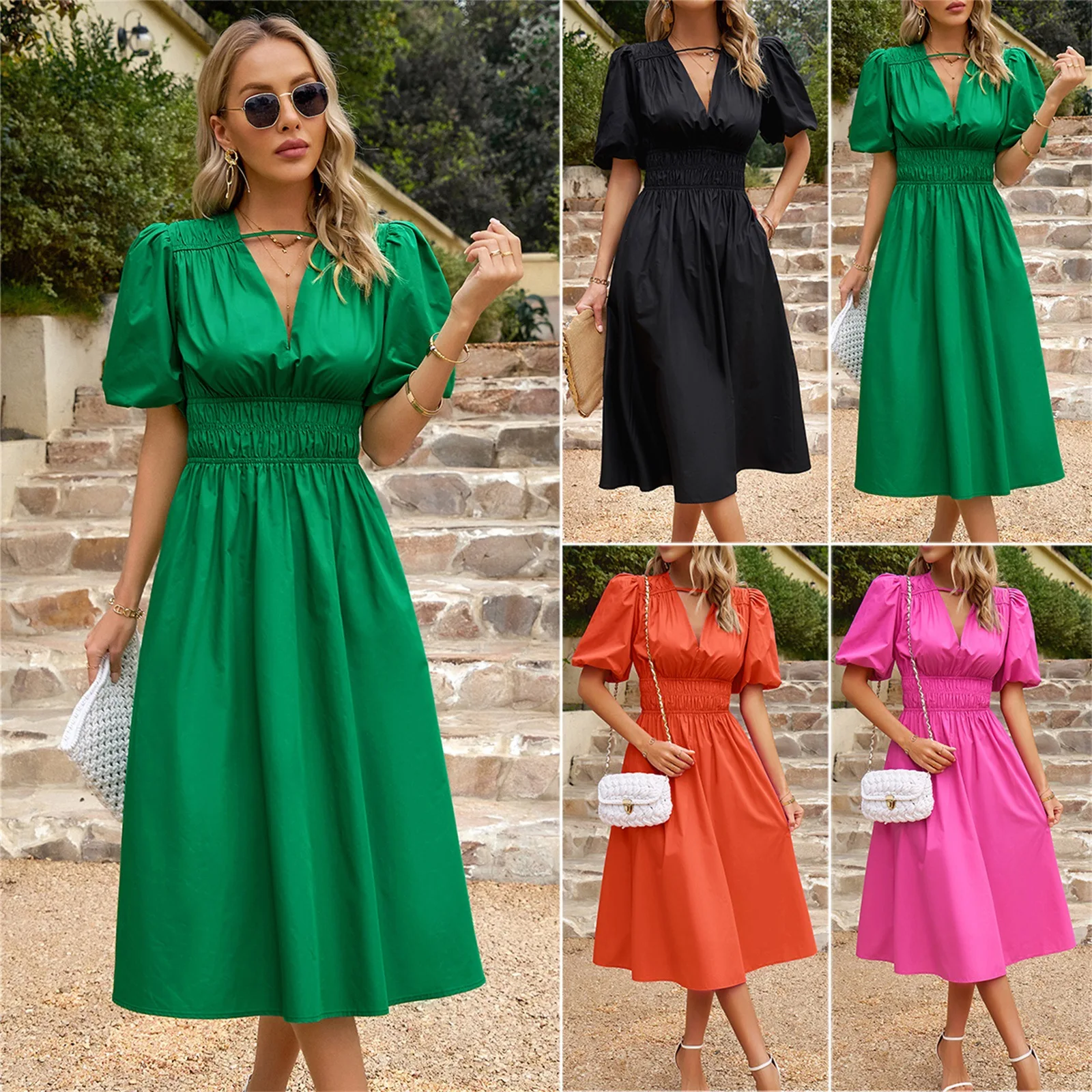 

Elegant and Pretty Women's DressesDress 2023 Summer Independent Station Style V-Neck Waistband Solid Color Long Dress