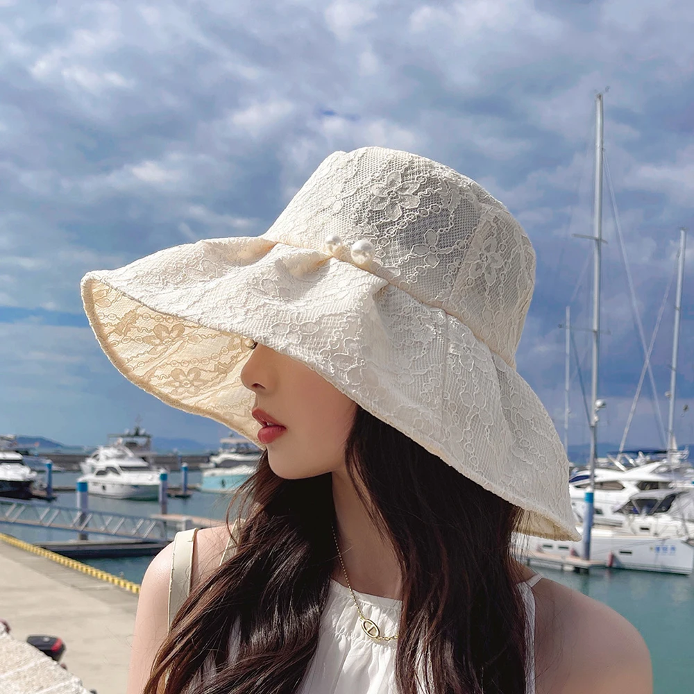 

OMEA Black Bucket Hat Women Summer Floral Lace Beach Hat Holiday Pearl Sun Visor Wide Brim Floppy Hat Girl Cap Elegant Pink