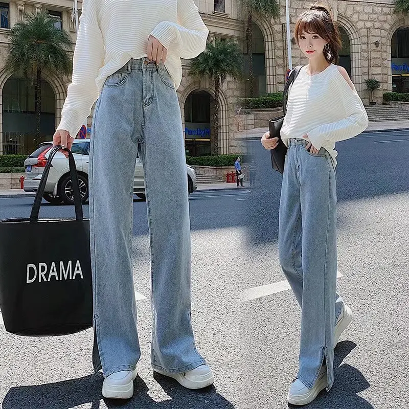 

Ins Japanese Split Jeans Women's Spring Light Blue High-waisted Slim Straight-leg Pants Casual Mopping Wide-leg Trousers