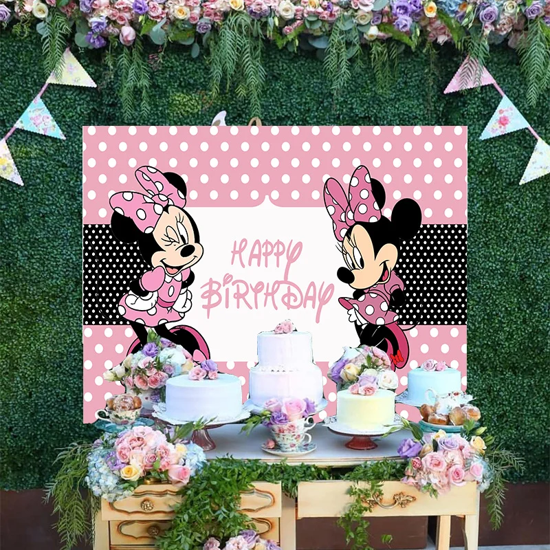 

Cartoon Disney Dots Photo Backdrop Girls Princess Cute Pink Bow Tie Minnie Mouse Baby Happy Birthday Party Backgrounds Banner