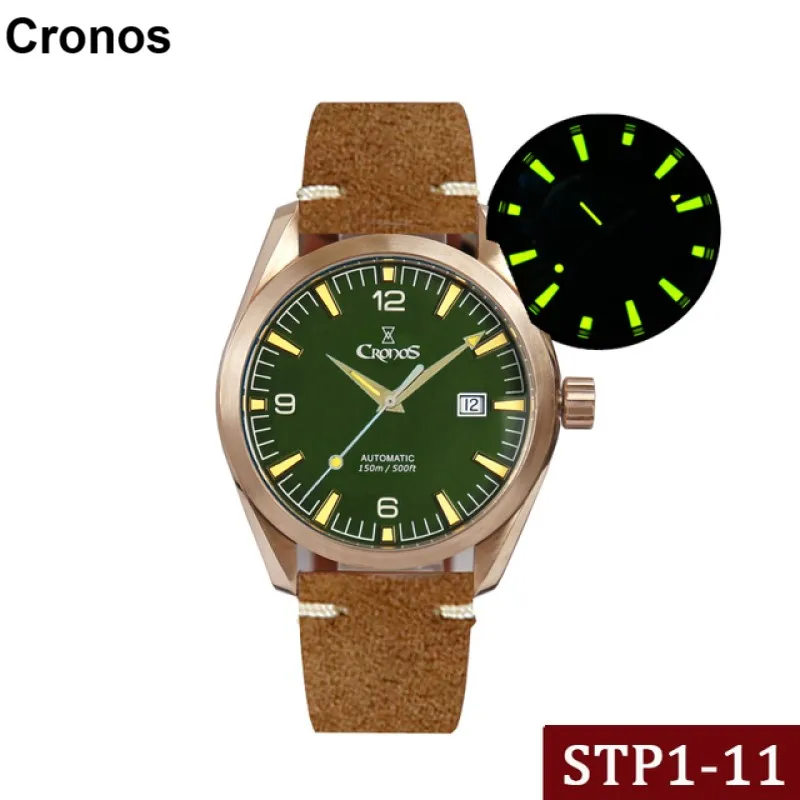 

Cronos Watch Men CuSn8 Brone Mechanical Wristwatch STP1-11 Automatic Sapphire Crystal Leather C3 Luminous Skeleton