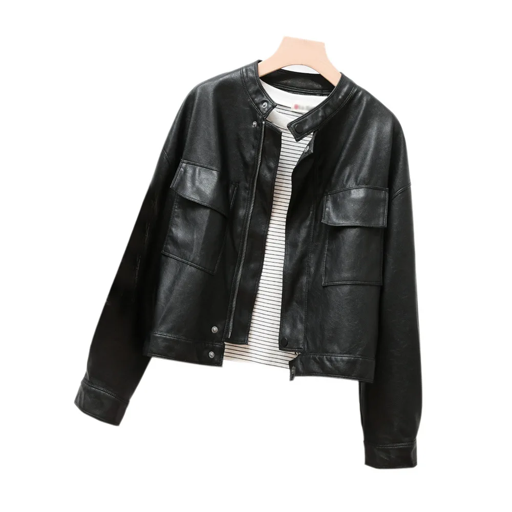 2023 autumn new stand-up collar short PU leather loose version of Haining leather jacket foreign style thin ladies tide coat
