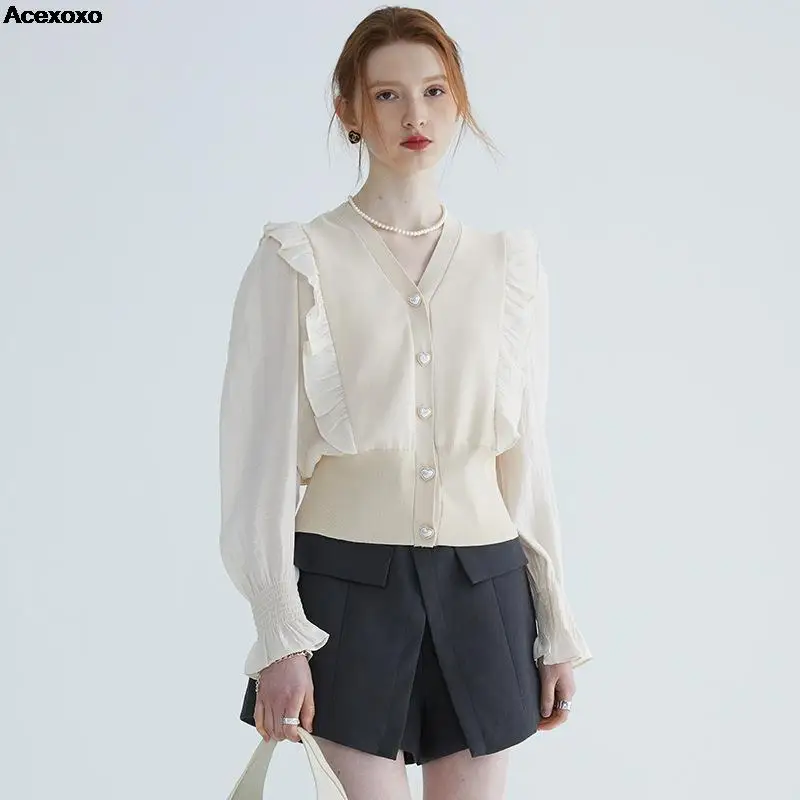 Женский трикотажный кардиган с V-образным вырезом осень 2023