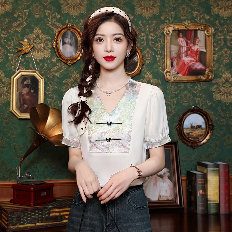 Женская шифоновая блузка с коротким рукавом V-образным вырезом и вышивкой