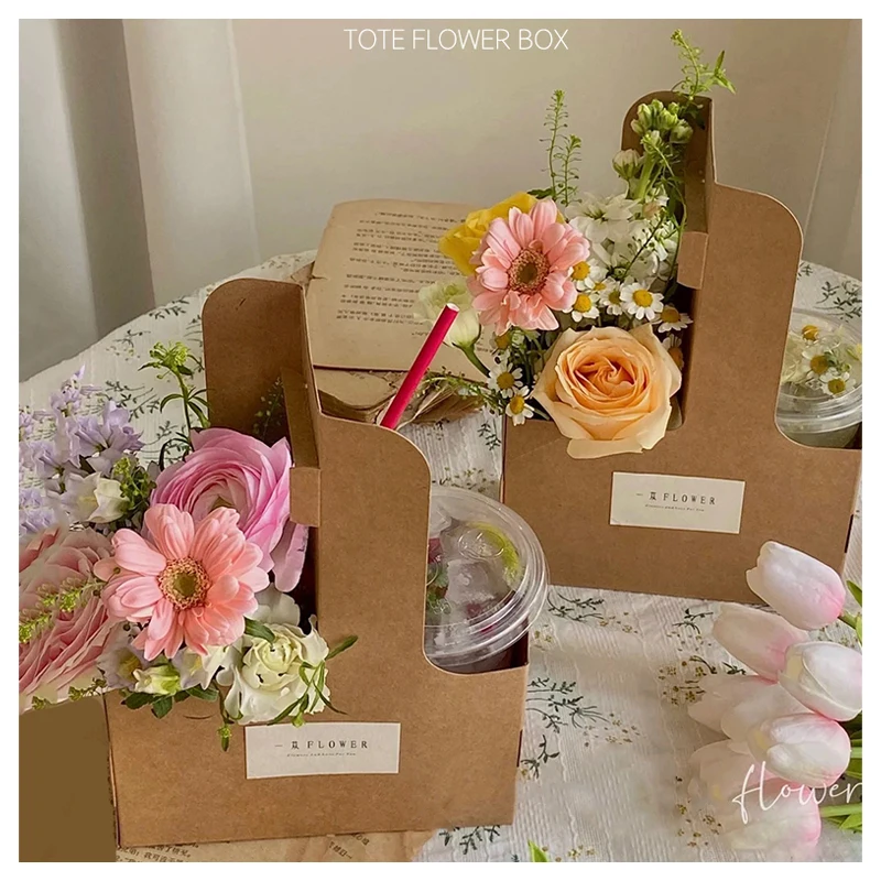Caja de flores de mano, Soporte para vasos de papel Kraft, caja de regalo para llevar café, 10 piezas