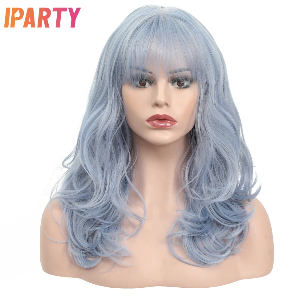 

Iparty Light Blue Color Synthetic Machine Wavy Wigs 18 Inches Wigs With Bangs Heat Resistant Fibers Multi Color Optional Daily